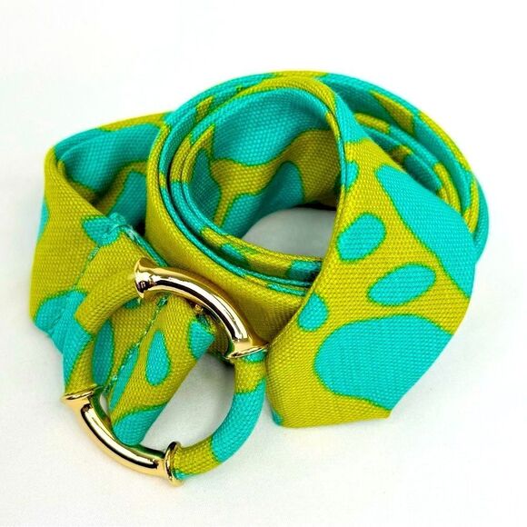 J. Crew Teal Lime Linen Abstract Print Gold Tone Buckle  Adjustable Fabric Belt - Picture 1 of 12